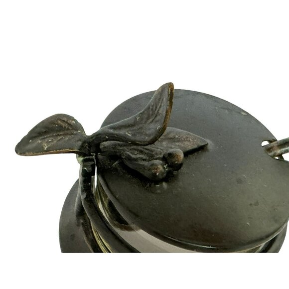 Vintage Metal & Glass Sugar Jam Condiment Jar with Leaf & Berry Lid & Spoon - Picture 2 of 12